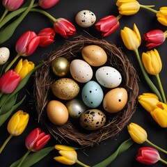 Easter composition with quail eggs in the nest and tulips on a black background. Copy space, flat lay. 