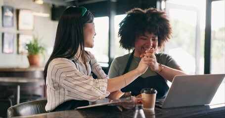 Cafe, success and catering team high five with laptop, tablet and startup loan approval celebration. Restaurant, small business and server people with hands together for victory, achievement or win