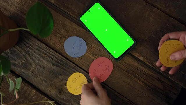 Learning Spanish language using smartphone with green screen