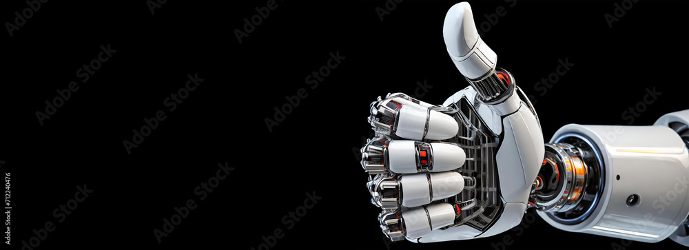 Poster close-up of a humanoid robot hand giving thumbs up, isolated on black background with copy space. ar