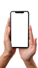 Obraz na płótnie Canvas An image of two hands holding a modern smart phone with a blank white screen, illustrating the concept of communication and technology.