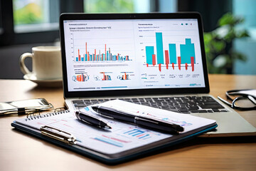 Healthcare business concept, Medical examination and graph data growth of business on laptop with doctor's health report clipboard on background.