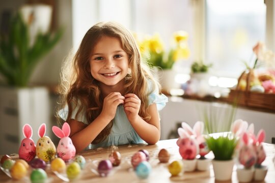 portrait of a little girl paints the eggs on a white background. ai generated