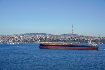 oil tanker ship passing in marmara sea view from topkapi palace istanbul turkey