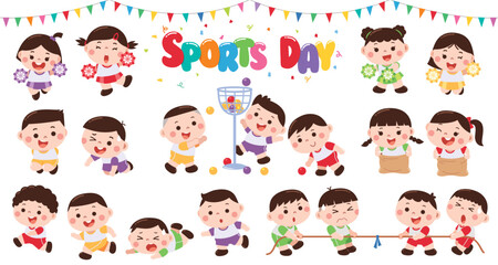 Vector illustration of Cartoon kids character. Kids collection. Sports Day.