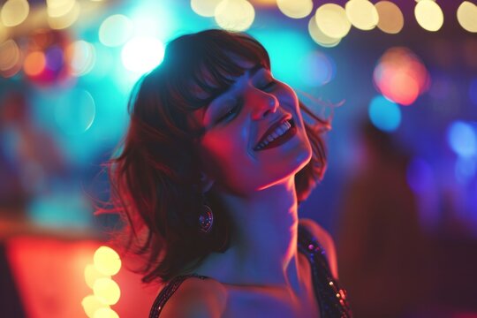 Joyful woman smiling with colorful bokeh lights in the background at a party.