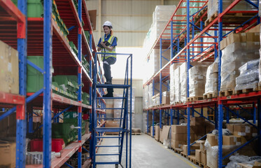 Warehouse worker standing on ladder checking stock on shelf. Female blue collar staff in safety...
