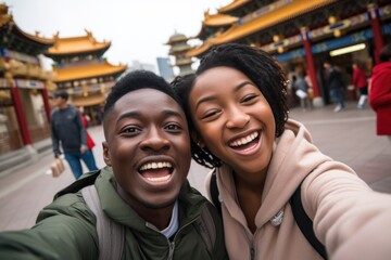 African tourists take selfies near Chinese landmarks. ai generated