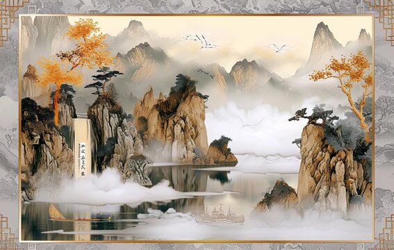 Silk painting landscape wallpaper chinese wallpaper landscape, 3d wallpaper, in the style of symbolic figurative landscapes, gray and amber, lively seascapes, cloisonnism, flat yet expressive.