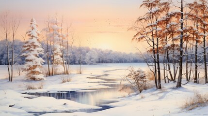 Winter Wonderland, Snowy Forest Beside a Frozen Lake