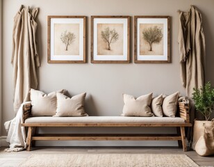 Fototapeta na wymiar Wooden rustic bench with pillows against wall with two poster blank frames. Country farmhouse interior design of modern home