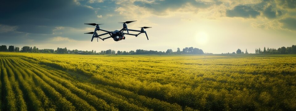 Industrial drone flies over a green field and sprays useful pesticides to increase productivity and destroys harmful insects. Modern technologies in agriculture. Smart technology concept