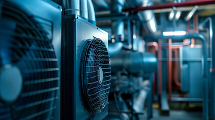 A large and efficient air conditioner sits inside a building, providing optimal cooling to maintain a comfortable indoor environment. - obrazy, fototapety, plakaty