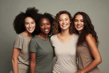Diverse models warm beige solid background athletes sure where smiling engaging finally tall women  - obrazy, fototapety, plakaty