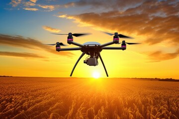 Fototapeta na wymiar Industrial drone flies over a green field and sprays useful pesticides to increase productivity and destroys harmful insects. Modern technologies in agriculture. Smart technology concept
