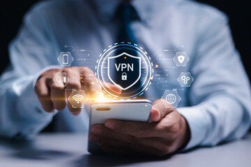 Businessman use smartphone with virtual screen of VPN connection. Internet security, encrypted...