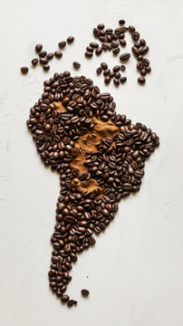 A captivating photo of a world map intricately crafted using coffee beans, showcasing the fusion of geography and coffee.