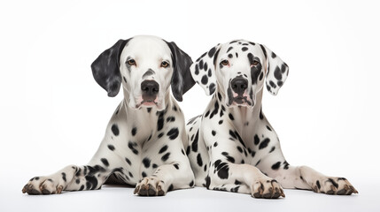 photograph of two dalmatians on white background 