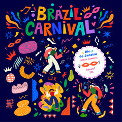 Carnival party. Design for Brazil Carnival. Decorative abstract illustration with dancing people and colorful doodles.
- 712244255