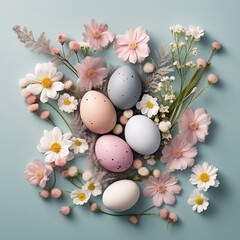Obraz na płótnie Canvas A vibrant display of new life and renewal, as delicate flowers surround a collection of colorful easter eggs, creating a heartwarming indoor scene