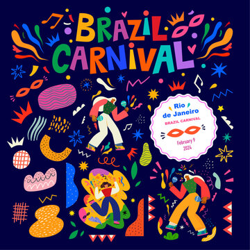 Carnival party. Design for Brazil Carnival. Decorative abstract illustration with dancing people and colorful doodles. 
