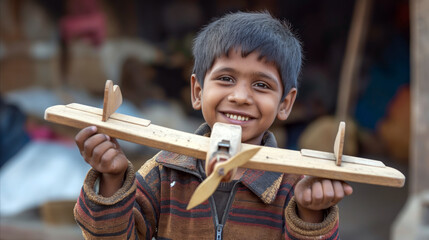 A young boy excitedly holds a wooden airplane model, fueling his dreams of one day taking to the skies.