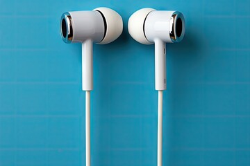 A pair of white wired earphone isolated on blue background