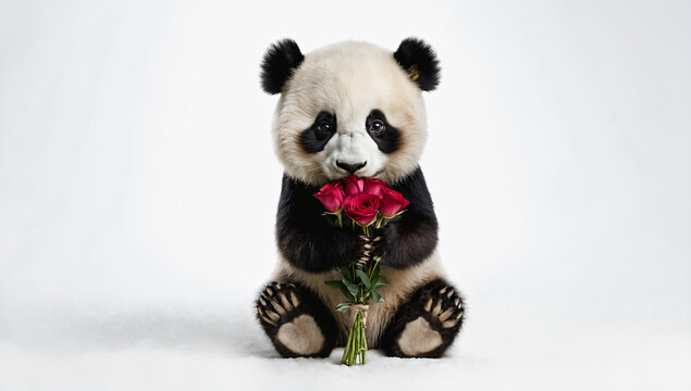 A cute panda is sitting against a simple background, holding flowers, and making a proposal