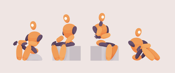 Embodied AI, computer repair technician sitting, abstract male figure representing mechanical, electrical, software fixing program, virtual assistant in digital body, minimalistic vector illustration