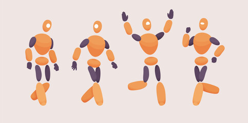 Embodied AI, computer repair technician moving, abstract male figure representing mechanical, electrical, software fixing program, virtual assistant in digital body, minimalistic vector illustration