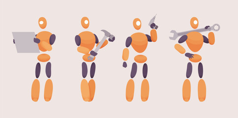 Embodied AI, computer repair technician with tools, abstract male figure representing mechanical, electrical, software fixing program, virtual assistant digital body, minimalistic vector illustration