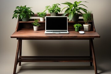 Simple wood desk with laptop and plants
