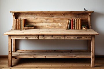 An old wooden desk with some books