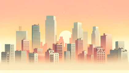 A minimalist cityscape illustration with soft pastel sunset colors. 