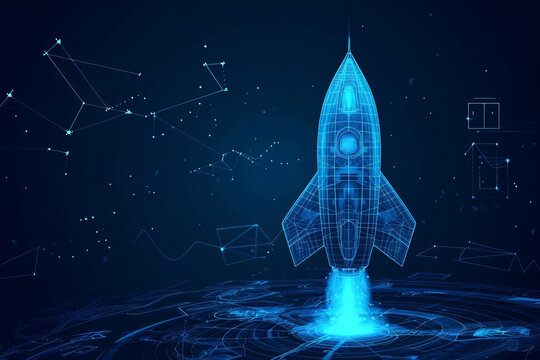 An intricate blueprint of a rocket launch, set against a constellation background, conceptualized through AI Generative techniques.