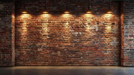 Old textured brick wall with warm pendant lights, an example of generative AI photography