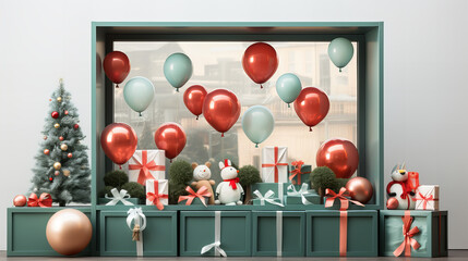 Obraz na płótnie Canvas Festive Christmas Window Display, charming holiday display through a window featuring red and teal balloons, gifts, and a Christmas tree, evoking the spirit of the season