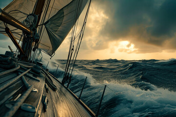 A sailboat sailing through a rough sea, depicting the concept of determination, courage, and purpose