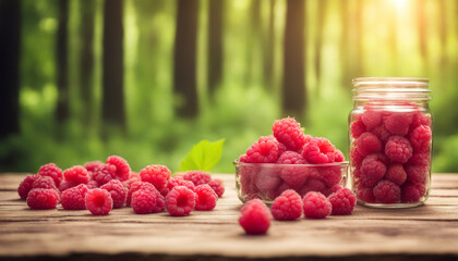 Fresh raspberries on wooden table in sunny forest background. Copy space
