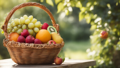 Fruit basket outdoors, garden background. Close up. Copy space - Powered by Adobe