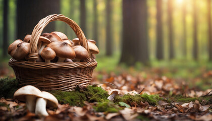 Basket with fresh porcini mushrooms in forest. Copy space - obrazy, fototapety, plakaty