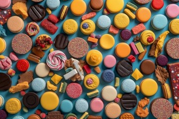 Assorted confectioneries on colorful surface, from above. Generative AI