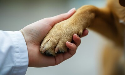 Generative AI, veterinarian hand is holding dog's claw. Dog's paw in human's hand. Domestic pet
 - obrazy, fototapety, plakaty