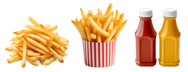 Crispy French Fries with Ketchup and Mustard Bottles