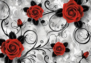 black and white wallpaper with red roses and a bunch of swirls, in the style of pseudo-realistic, delicate constructions.