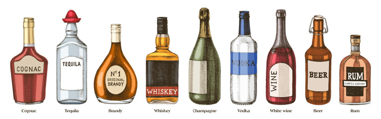 Hand drawn alcohol drinks in bottles - 712248617