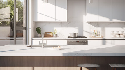 Fototapeta na wymiar Sunlit Modern Kitchen with Marble Countertops and Wooden Accents