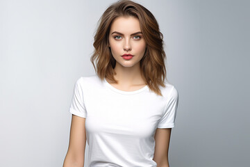 Fototapeta premium Woman in White Tshirt Mockup created with Generative AI