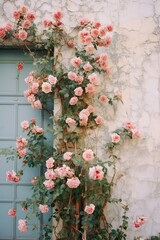 Red and white Rose flowers in front of a wall