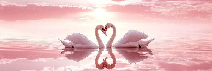 Beautiful Valentines day card with two swans creating a heart shape on a pink lake